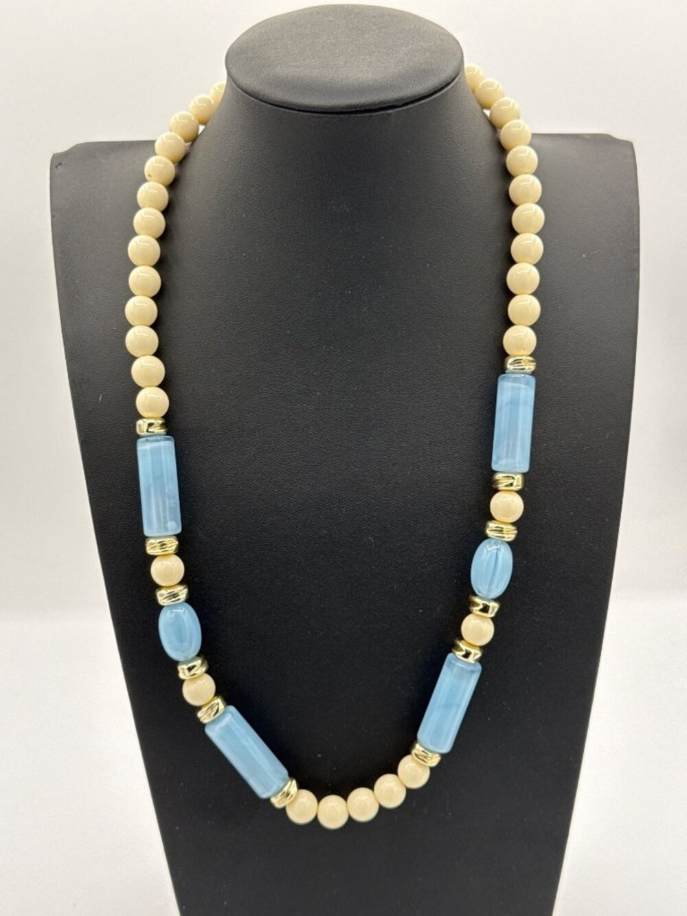 Vintage Trifari Aqua Blue Cream Beaded Necklace Lucite Gold Statement 70s 80s